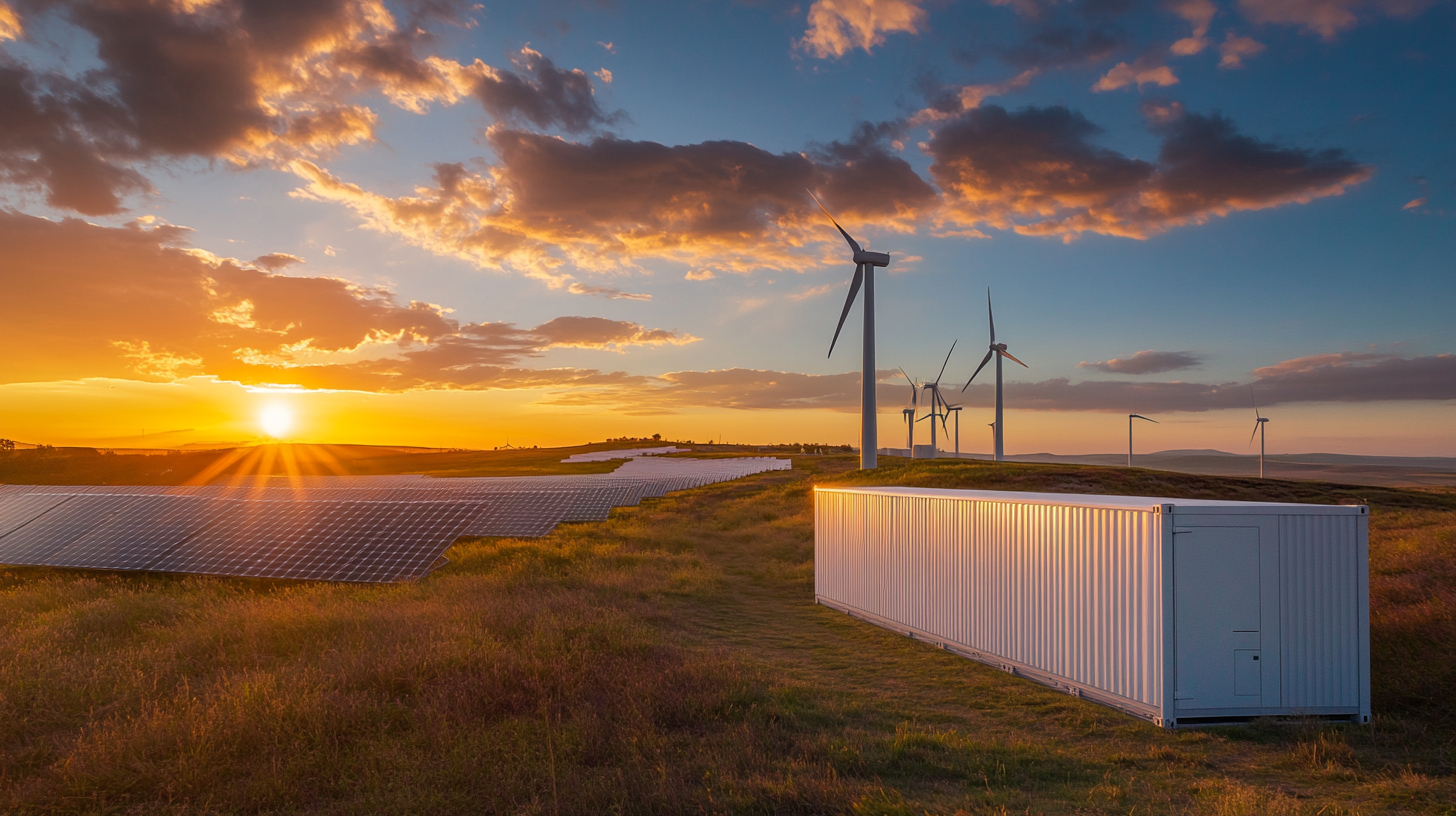 Renewable energy storage system with solar panels and wind turbines at sunset